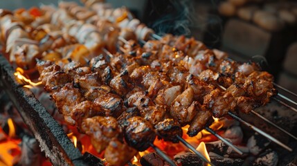 Street cooked Shish kebab on close up coals