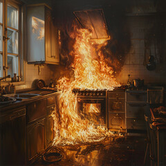 Fire in the kitchen in the apartment. Fire safety concept..