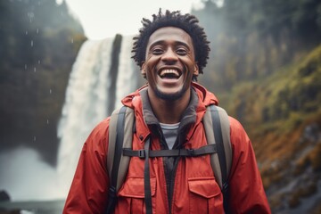 Portrait of a happy afro-american man in his 20s dressed in a water-resistant gilet in backdrop of a spectacular waterfall