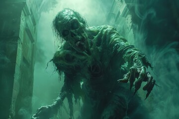 A decrepit zombie with tattered clothing, its skin a sickly green, reaching forward with claw-like hands in a dimly lit environment - obrazy, fototapety, plakaty