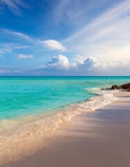 Fototapeta na wymiar Idyllic scene of a serene beach with clear turquoise waters and a beautiful cloudy sky