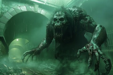 A grotesque goblin with sharp features and a menacing grin, its hands reaching out from beneath a bridge in a foggy, green-lit scene. - obrazy, fototapety, plakaty