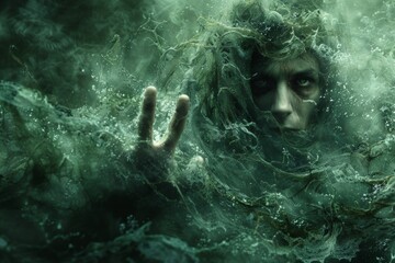 A horrifying apparition of a drowned sailor, skin bloated and pale, hands extended, with green seaweed-like tendrils swirling around in the dark water.  - obrazy, fototapety, plakaty