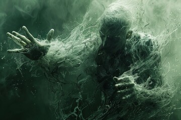 A horrifying apparition of a drowned sailor, skin bloated and pale, hands extended, with green seaweed-like tendrils swirling around in the dark water. 