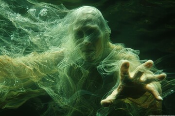 A horrifying apparition of a drowned sailor, skin bloated and pale, hands extended, with green seaweed-like tendrils swirling around in the dark water. 