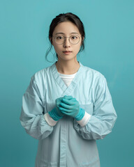 Beautiful Asian girl nurse, doctor photo on a plain blue background.Healthcare, medical staff concept.