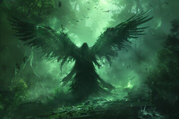 A menacing phantom with tattered wings, hovering in a haunted forest, hands reaching towards a green-lit path beckoning travelers to their doom - obrazy, fototapety, plakaty