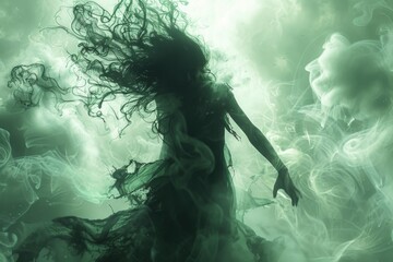 A shadowy banshee with flowing hair and a tattered dress, screaming into the void, her hands clawing at the air, surrounded by a faint green aura - obrazy, fototapety, plakaty