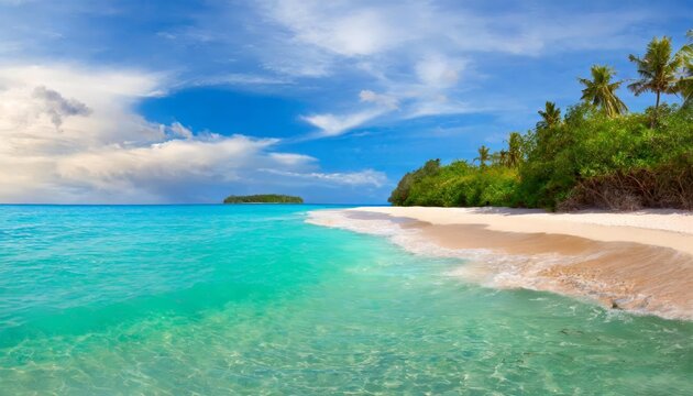Panoramic view of a serene tropical beach with crystal-clear water and lush palm trees