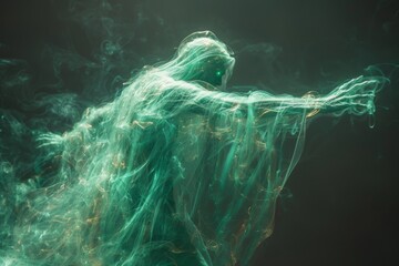 An eerie poltergeist caught in the act of hurling objects with its spectral hands, a green glow highlighting its form against the dark background