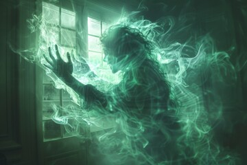An eerie poltergeist caught in the act of hurling objects with its spectral hands, a green glow highlighting its form against the dark background
