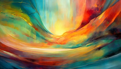 Vibrant abstract landscape painting with sunset