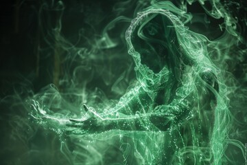 An eerie poltergeist caught in the act of hurling objects with its spectral hands, a green glow highlighting its form against the dark background - obrazy, fototapety, plakaty