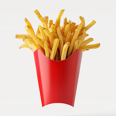 French fries in red paper packaging. Studio photo on a white background.