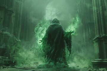 An ominous figure shrouded in a hood, its hands emanating a ghostly green light as it gestures in a summoning motion in a dark, abandoned castle chamber - obrazy, fototapety, plakaty