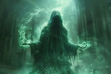 An ominous figure shrouded in a hood, its hands emanating a ghostly green light as it gestures in a summoning motion in a dark, abandoned castle chamber - obrazy, fototapety, plakaty