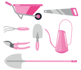 set of garden tools, namely a spade, secateurs, a wheelbarrow, a rake, a saw and a watering can in pastel pink colors, for textile, printing or banners