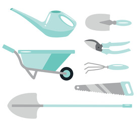 set of garden tools, namely a shovel, secateurs, a wheelbarrow, a rake, a saw and a watering can in pastel blue colors, for textile, printing or banners