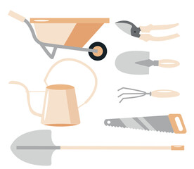 set of garden tools, namely a shovel, secateurs, a wheelbarrow, a rake, a saw and a watering can in light brown colors, for textiles, printing or banners