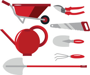 set of garden tools, namely a shovel, secateurs, a wheelbarrow, a rake, a saw and a watering can in red colors, for textile, printing or banners