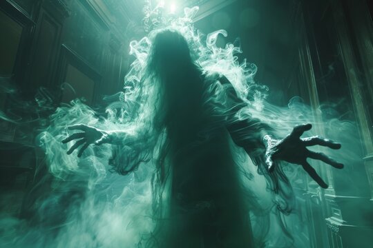 An ethereal specter floating in a low-lit room, its form shimmering with a ghostly green light, hands reaching out as if to pull someone into the netherworld