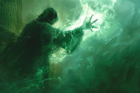 An ethereal specter floating in a low-lit room, its form shimmering with a ghostly green light, hands reaching out as if to pull someone into the netherworld