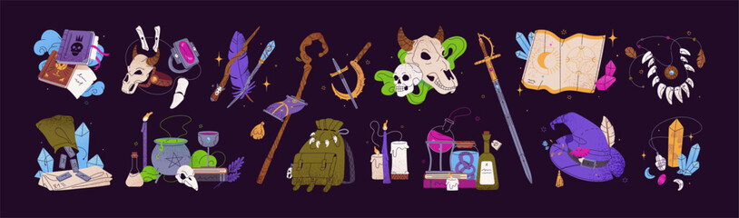 Wizard items set. Mystic game icons. Different magic design elements of RPG UI. Esoteric stuffs, skulls, cauldron, pointed hat. Halloween and witchcraft objects. Flat isolated vector illustrations © Paper Trident