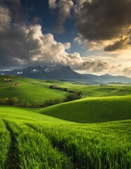 Fototapeta premium Majestic landscape with lush green fields and mountain backdrop
