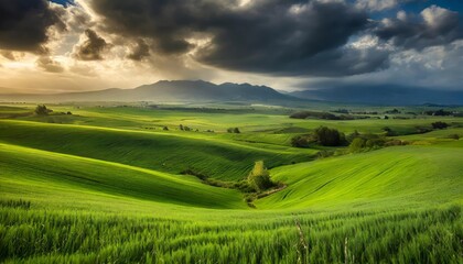 Rolling green hills under stormy skies