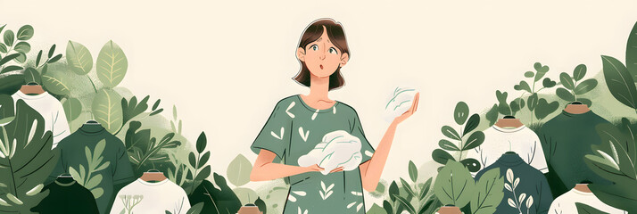 woman holding cotton in one hand and a shirt in another, questioning face, 