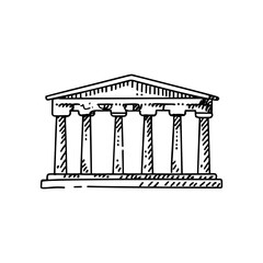 Fototapeta premium Greek or roman temple building, ancient architecture with columns and pediment. Summer landscape with antique palace with pillars and road through lake, vector cartoon illustration 