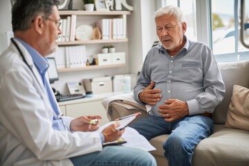 Fototapeta premium A doctor is examining an elderly man with stomach pain in the medical room, holding his belly. Portrait of senior man sharing health issues struggles with his medical professional carer practitioner