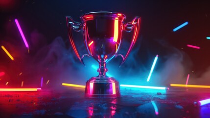 Glowing trophy under vibrant neon lights