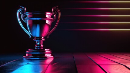 Trophy illuminated by neon lights in dark room