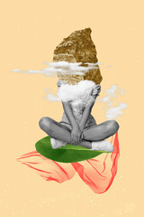 Collage image artwork of unknown unusual woman sitting with stone instead head isolated on drawing...