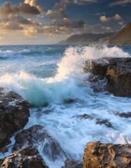 Majestic seascape with crashing waves at sunset