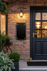 Dark black acrylic sheet mockup on a house front door for custom nameplate design.