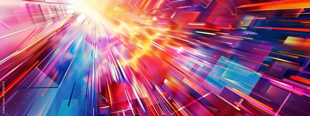 Poster a dynamic composition of intersecting lines and planes in vibrant colors, creating a sense of moveme