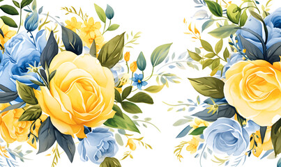 Pattern of yellow and blue roses, green leaves, watercolor, Generative AI