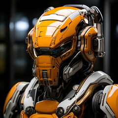 3d render of orange robot toy on display in the store.