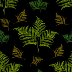 Watercolor seamless pattern with branches and leaves. Hand painted leaves on black background.