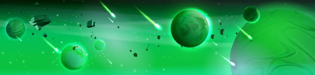 Gordijnen Green space for fantasy game. Galaxy cartoon sky with planet. Outer universe at night with star vector background. Futuristic cosmic landscape of fiction magic world. Astronomy graphic with comet © klyaksun
