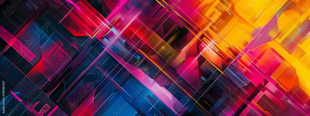 Poster a dynamic composition of intersecting lines and planes in vibrant colors, creating a sense of moveme