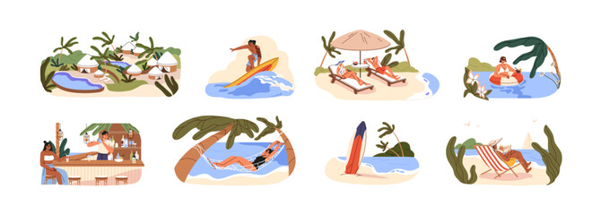 People have rest on tropical island set. Tourists travel to resort. Men and women relax on hammock, sunbathing on sunbed, surfing in sea. Beach activity. Flat isolated vector illustration on white