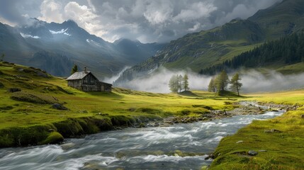 Beautiful Mountains Landscape In Switzerland With River Stream Landscape Wallpaper