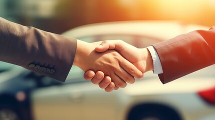 Customer shaking hands with auto insurance agents, seal deal with blurred car background - business insurance agreement concept

