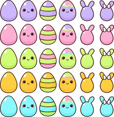 A set of kawaii Easter eggs in pastel colors.