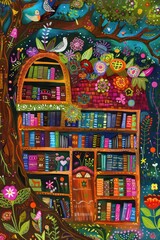 Colorful illustration of a whimsical book tree