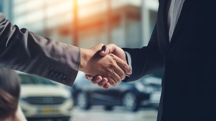 Customer shaking hands with auto insurance agents, seal deal with blurred car background - business insurance agreement concept


