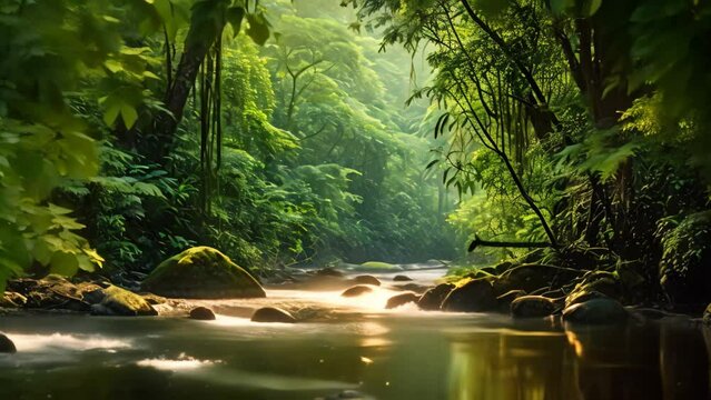 Beautiful nature of green forest with river flowing through the jungle, Lush rainforest and rivers in summer, rainforest covered by green trees
